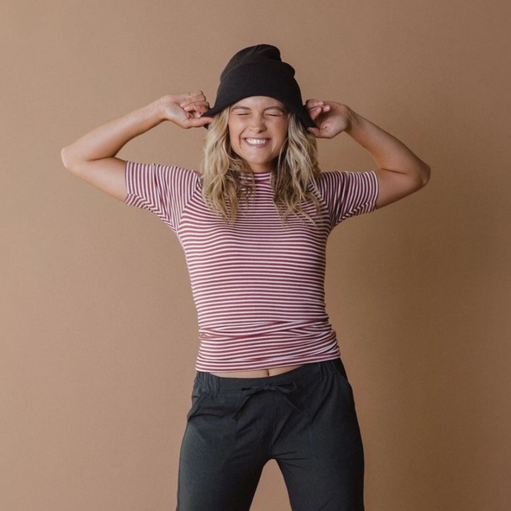 Albion Fit Puff Sleeve Tee, Mauve and White Stripe